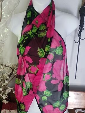 Vtg Bernie Of New York Floral Black, Pink  & Green Silk Scarf